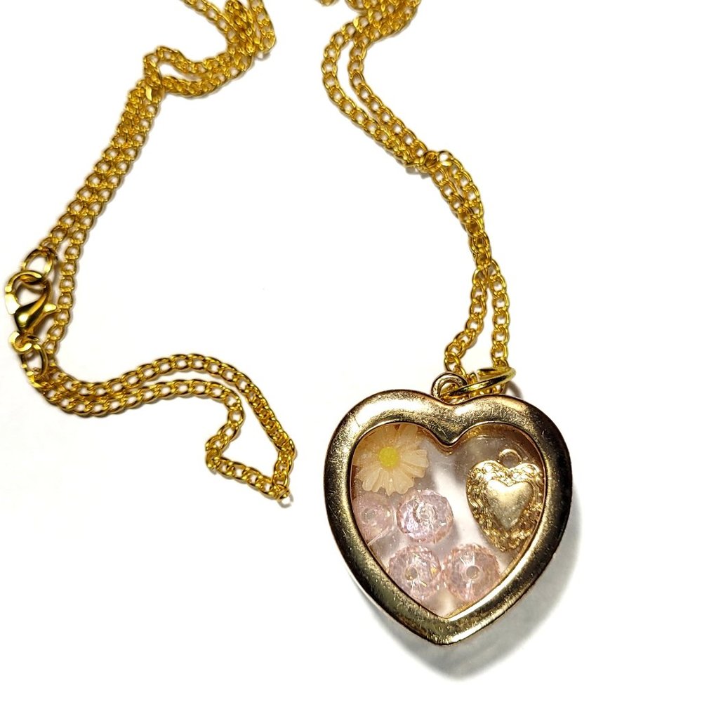 Fun Gold Plated Locket Necklace with Peach Flower, Pink Beads and Gold Heart